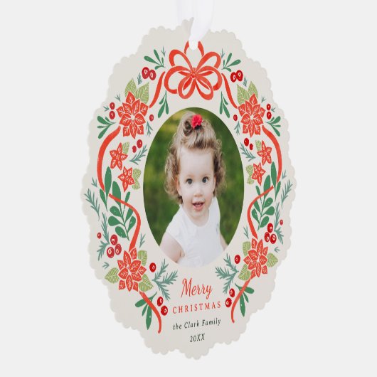 Helderrode poinsettia en groen kerstfoto ornament kaart (Rechts)