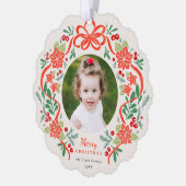 Helderrode poinsettia en groen kerstfoto ornament kaart (Links)