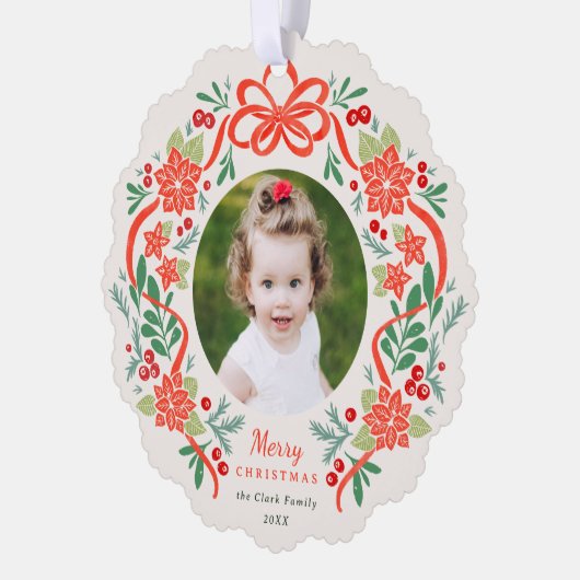 Helderrode poinsettia en groen kerstfoto ornament kaart (Links)