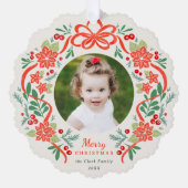 Helderrode poinsettia en groen kerstfoto ornament kaart (Voorkant)