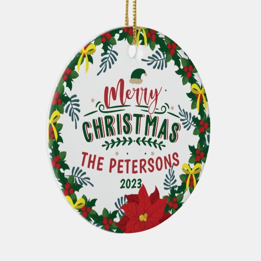 Helderrode Poinsettia kerstfamilie, adembenemend Keramisch Ornament (Rechts)