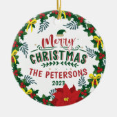 Helderrode Poinsettia kerstfamilie, adembenemend Keramisch Ornament (Voorkant)