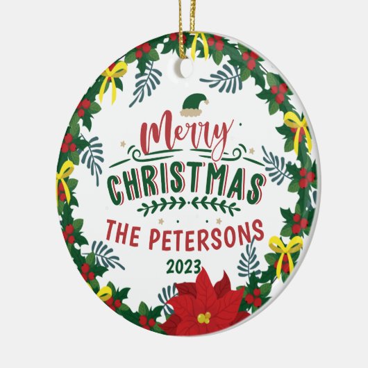 Helderrode Poinsettia kerstfamilie, adembenemend Keramisch Ornament (Links)