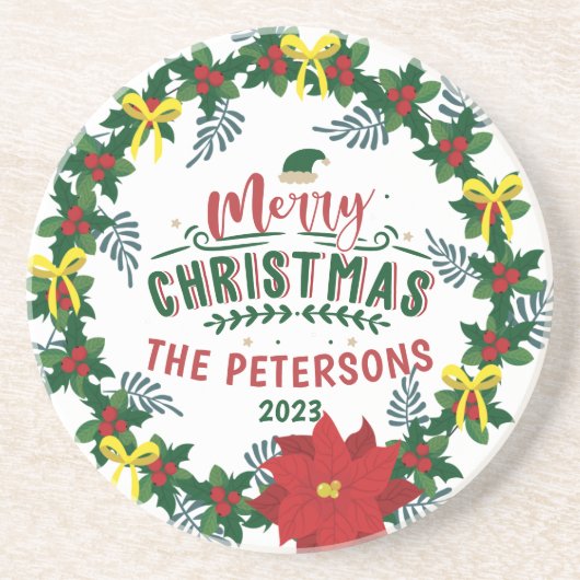 Helderrode Poinsettia kerstfamilie, adembenemend Zandsteen Onderzetter (Voorkant)