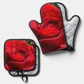 Helderrode rode rozenbloem mooie Floral Ovenwant & Pannenlap Set (Voorkant / Achterkant)