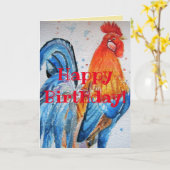 Helderrode rooster Waterverf Birthday Kaart (Gele Bloem)