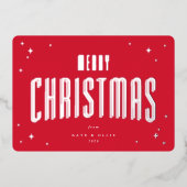 Helderrode vrolijke kerstretro sterren plat folie feestdagenkaart (Voorkant)