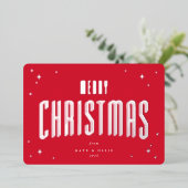 Helderrode vrolijke kerstretro sterren plat folie feestdagenkaart (Staand Voorkant)