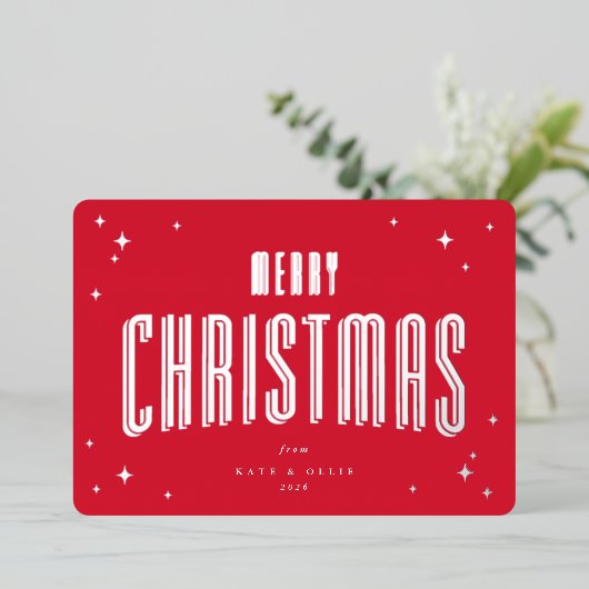 Helderrode vrolijke kerstretro sterren plat folie feestdagenkaart (Staand Voorkant)