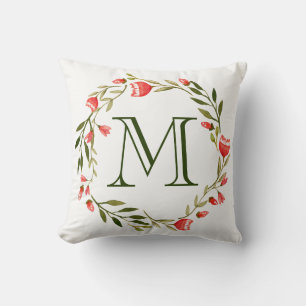 Helderrode Waterverf bloemenkrans monogram Kussen