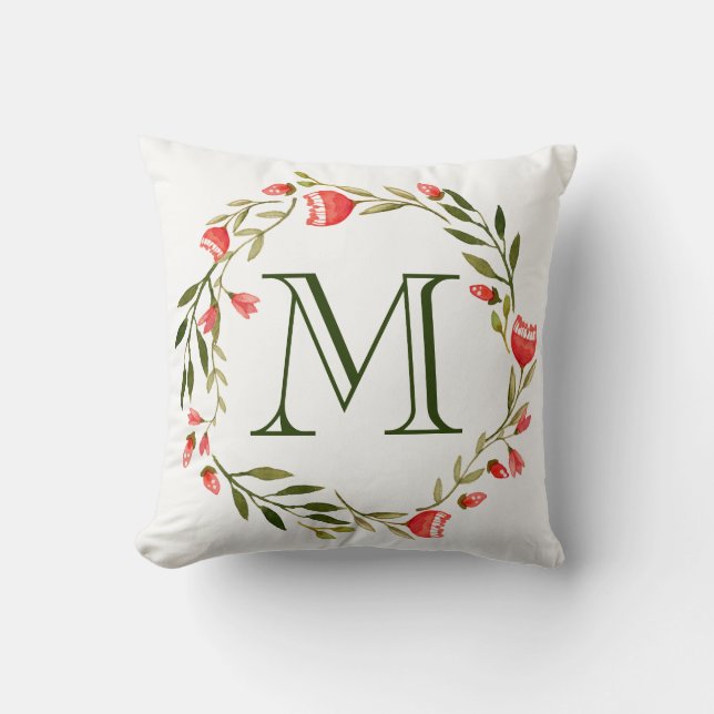 Helderrode Waterverf bloemenkrans monogram Kussen (Voorkant)