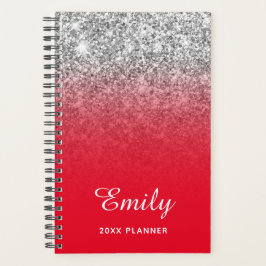 Helderrode zilveren glitters ombre gepersonaliseer planner