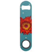 Helderrode zonnebloem op Blue Speed Bottle Open Flessenopener (Achterkant)
