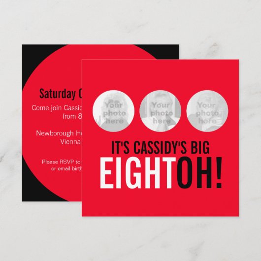 Helderrood 80e EIGHTOH! Fotoverjaardagsuitnodiging Kaart (Voorkant / Achterkant)