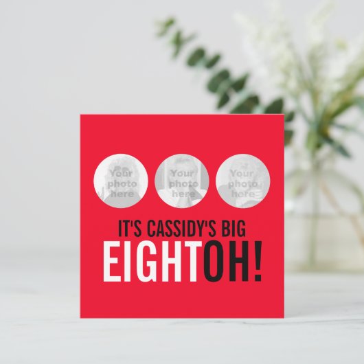 Helderrood 80e EIGHTOH! Fotoverjaardagsuitnodiging Kaart (Staand voorkant)