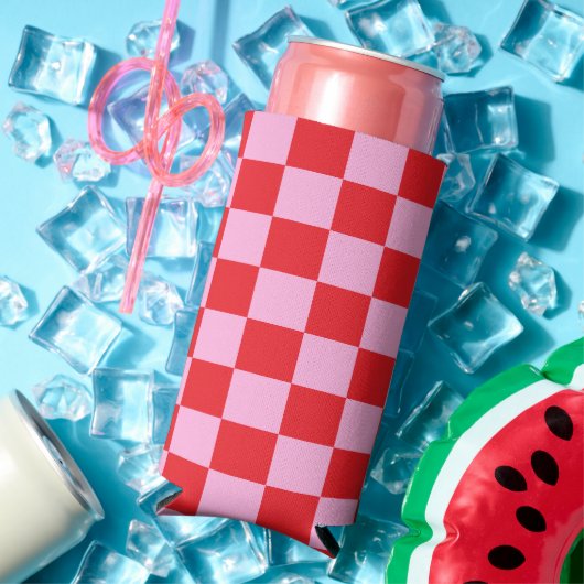 Helderrood en lichtroze geruit seltzer blikjeskoeler (Insitu Zomer)