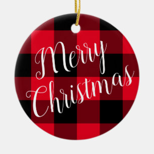 Helderrood en zwart Buffel Plaid Vrolijk Kerstfees Keramisch Ornament