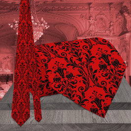 Helderrood en zwart, Floral Damask Wedding Stropdas