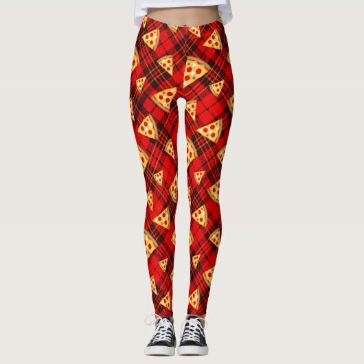 Helderrood kersttaartan Pizza-patroon met tekst Leggings (Voorkant)