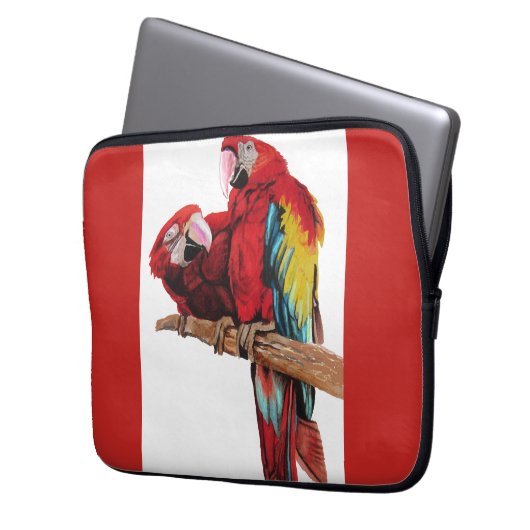 Helderrood Macaw Parrots Waterverf Laptop Hoesje Laptop Sleeve (Voorkant Links)