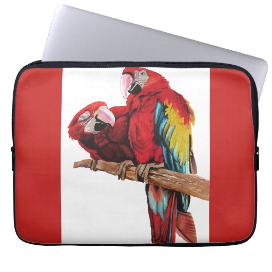Helderrood Macaw Parrots Waterverf Laptop Hoesje Laptop Sleeve (Voorkant)