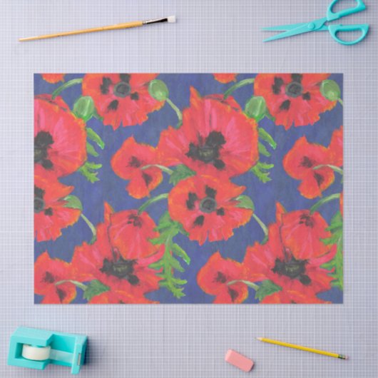 Helderrood-oosterse papavers op blauw tissuepapier (Craft)