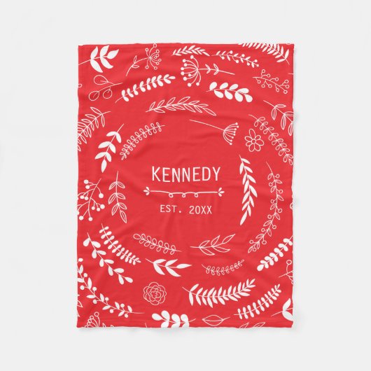 Helderrood wit laat floral monogram patroon fleece deken (Voorkant)