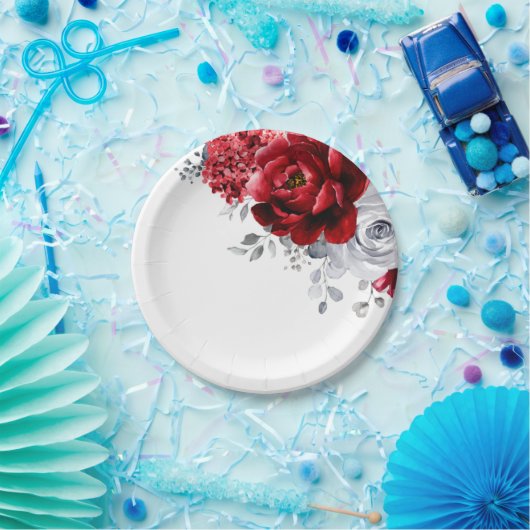 Helderrood wit zilver metallisch huwelijk papieren bordje (Feest)