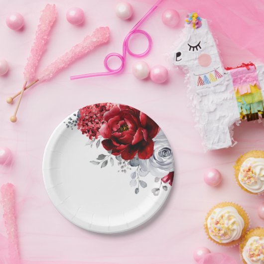 Helderrood wit zilver metallisch huwelijk papieren bordje (Feest)