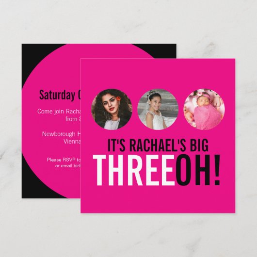 Helderroze 30e THREEOH! Fotoverjaardagsuitnodiging Kaart (Voorkant / Achterkant)