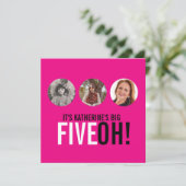 Helderroze 50e FIVEOH! Fotoverjaardagsuitnodiging Kaart (Staand voorkant)