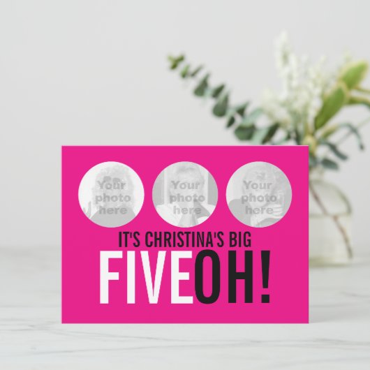 Helderroze 50e FIVEOH! Fotoverjaardagsuitnodiging Kaart (Staand voorkant)