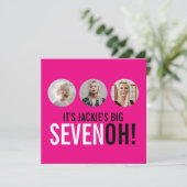 Helderroze 70ste SEVENOH! Fotoverjaardagsuitnodigi Kaart (Staand voorkant)