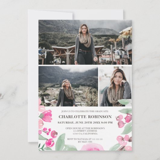 Helderroze afstuderen met foto van greenery script kaart (Achterkant)