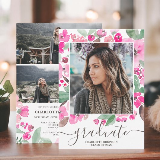 Helderroze afstuderen met foto van greenery script kaart