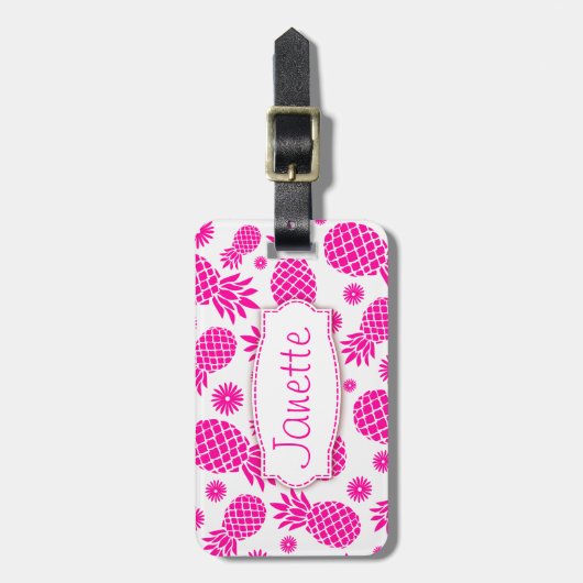 Helderroze ananas en bloem genaamd bagagelabel (Voorkant verticaal)