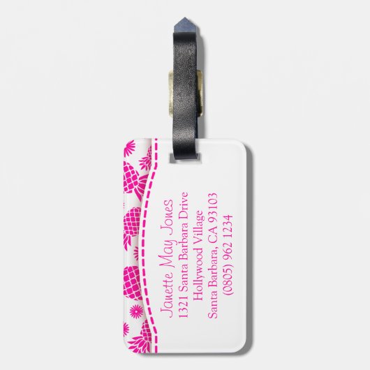 Helderroze ananas en bloem genaamd bagagelabel (Achterkant verticaal)