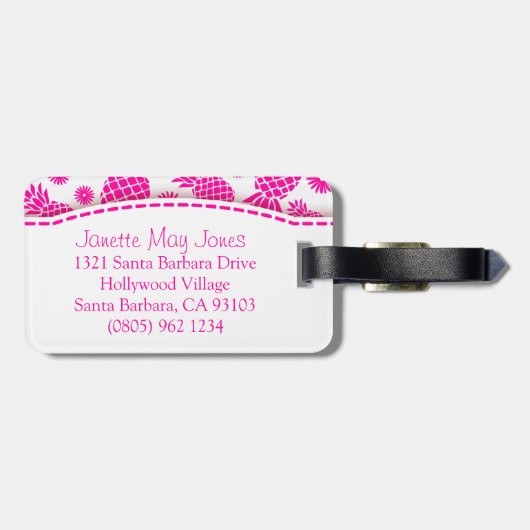 Helderroze ananas en bloem genaamd bagagelabel (Achterkant horizontaal)