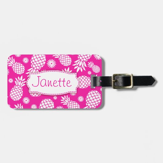 Helderroze ananas en bloem genaamd bagagelabel (Voorkant horizontaal)