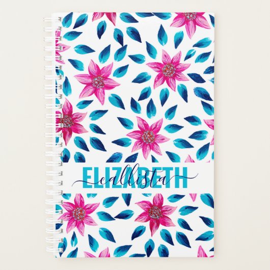Helderroze blauwe bloemen bladeren Acrylmonogram Planner (Voorkant)