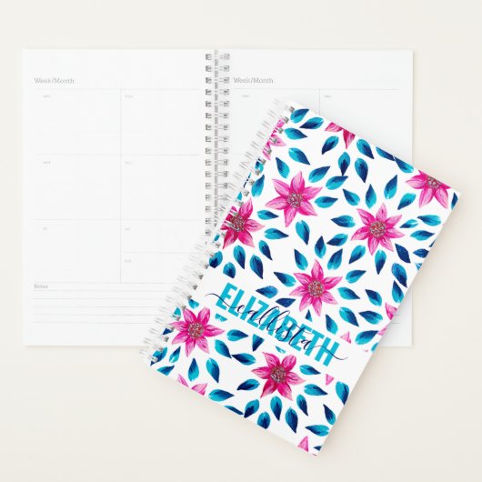 Helderroze blauwe bloemen bladeren Acrylmonogram Planner (Display)