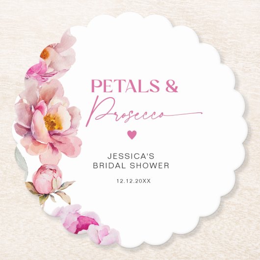 Helderroze bloemblaadjes en prosecco bruids kartonnen onderzetters (Voorkant)