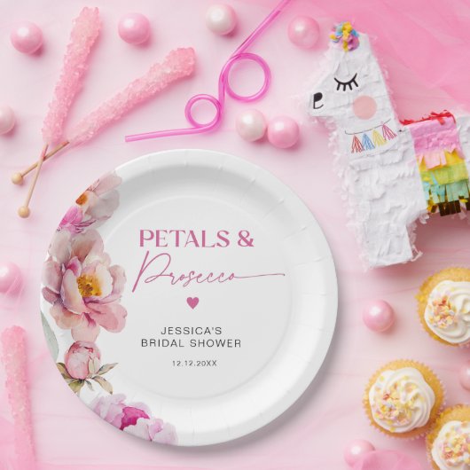Helderroze bloemblaadjes en prosecco bruids papieren bordje (Feest)