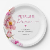Helderroze bloemblaadjes en prosecco bruids papieren bordje (Voorkant)