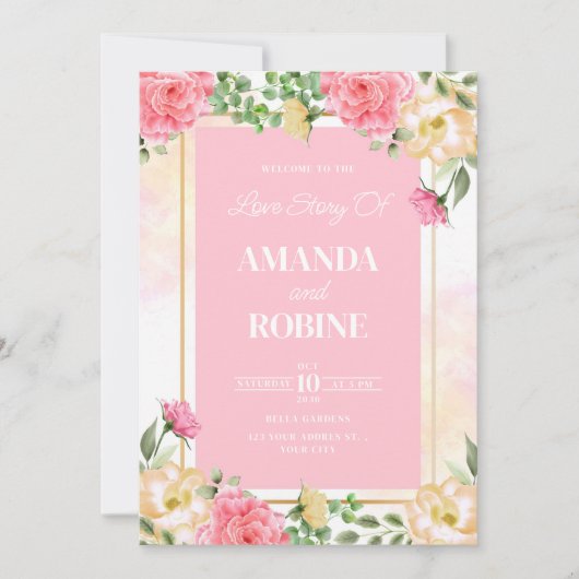 Helderroze Bloemen Huwelijksuitnodiging Kaart (Voorkant)