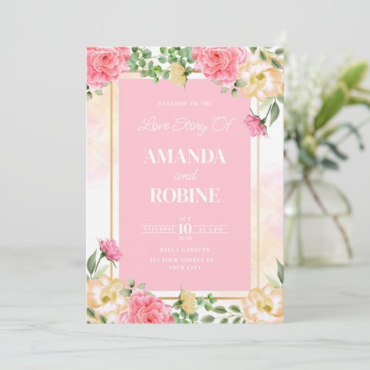 Helderroze Bloemen Huwelijksuitnodiging Kaart (Staand voorkant)