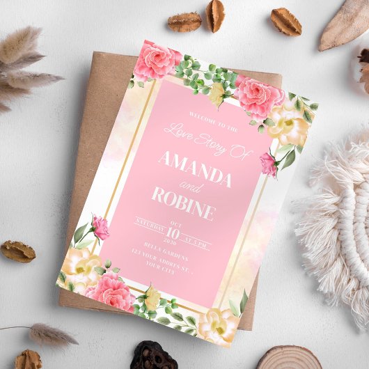 Helderroze Bloemen Huwelijksuitnodiging Kaart