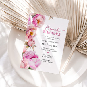 Helderroze bloemenbrunch en bubbly bruids kaart