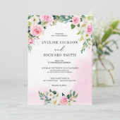 Helderroze bloemengroen loof boho bruiloft kaart (Staand voorkant)