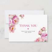 Helderroze bloemenpioen bruids bedankje kaart (Voorkant)